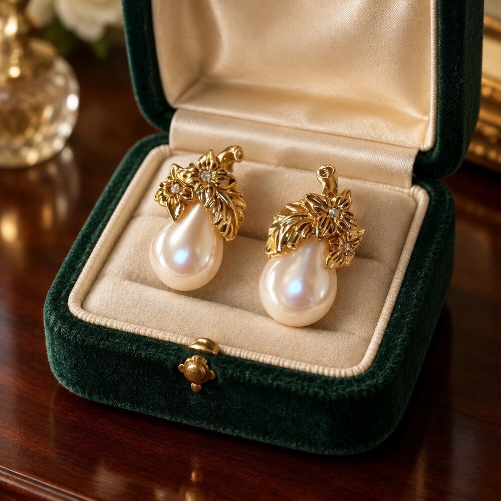 ✨ Vintage Baroque Pearl & Gold Flower Drop Earrings ✨